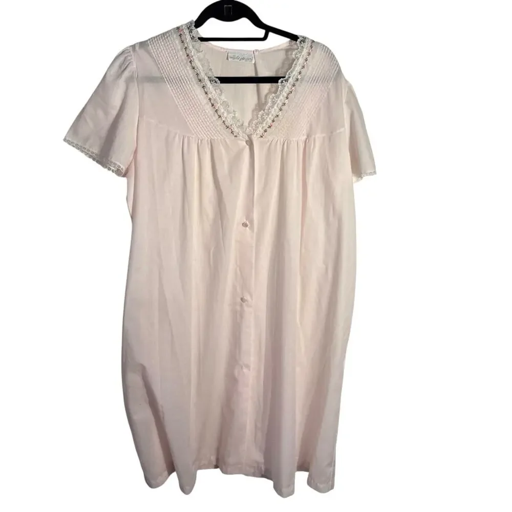Vintage Night Flowers Nightgown Pink Lace Embroidered Flowers USA, Size M